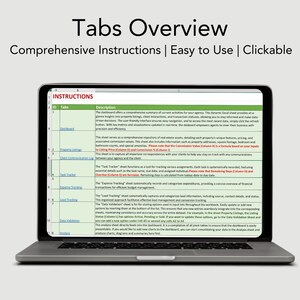 Pu&ograve; includere: Uno screenshot di uno schermo di computer che mostra un foglio di calcolo con schede etichettate come "Dashboard", "Elenchi propriet&agrave;", "Registro comunicazioni clienti", "Tracciamento attivit&agrave;", "Tracciamento spese", "Tracciamento lead", "Validazione dati" e "Analisi". Ogni scheda ha una descrizione che spiega il suo scopo e la sua funzionalit&agrave;.