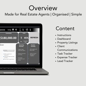 Pu&ograve; includere: Uno schermo di computer portatile che mostra un cruscotto di agente immobiliare con una commissione di $ 180.000,00, 5 nuovi lead e un tasso di conversione del 45%. Il cruscotto mostra anche le attivit&agrave; in arrivo e scadute. Il testo "REFRESH" &egrave; visualizzato su un pulsante. Il testo "Content" &egrave; visualizzato sul lato destro dello schermo con un elenco di funzionalit&agrave; che includono istruzioni, cruscotto, elenchi di propriet&agrave;, cliente, comunicazioni, tracciamento delle attivit&agrave;, tracciamento delle spese e tracciamento dei lead.