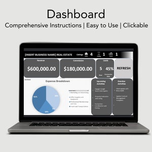 Pu&ograve; includere: Uno schermo di computer portatile che mostra un cruscotto immobiliare con entrate, commissioni, lead, ripartizione delle spese, attivit&agrave; imminenti e attivit&agrave; scadute. Il cruscotto mostra un fatturato di &euro; 600.000,00, una commissione di &euro; 180.000,00 e 5 nuovi lead con un tasso di conversione del 45%.