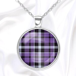 Purple Scottish tartan pendant necklace, handmade glass dome cabochon jewelry, gift for her