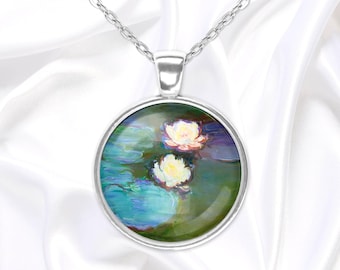 Seerosen von Monet Anhänger Halskette, handgemachter Glaskuppel Schmuck mit impressionistischer Kunst, Geschenk für Sie