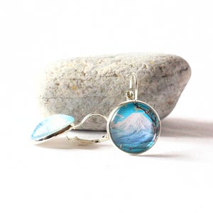 Mount Fuji earrings with Japanese print, lever back dangle earrings, handmade glass dome jewelry, gift for her