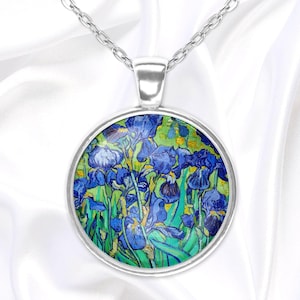 Irises by Van Gogh cabochon pendant necklace, handmade glass dome cabochon jewelry, wearable art, gift for her