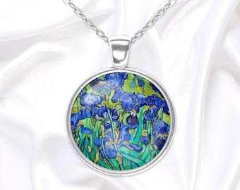 Irises by Van Gogh cabochon pendant necklace, handmade glass dome cabochon jewelry, wearable art, gift for her