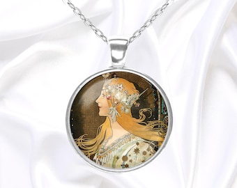 Elegant Art Nouveau style pendant necklace with Alphonse Mucha painting, unique birthday gift for art lover