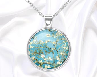 Almond Blossom, blue pendant necklace with famous painting by Vincent Van Gogh, handmade art jewelry, gift for her