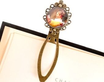 Bookmark with young girl reading, metal book clip with vintage painting, gift for readers