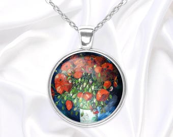 Red poppies necklace with still life by Vincent Van Gogh, wearable art, gift for her