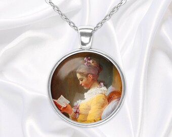 Yellow pendant necklace with vintage painting by Fragonard showing a reading girl, handmade glass dome cabochon jewelry, gift for readers