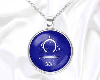 Blått stjärnteckenhängehalsband, astrologihalsband, horoskopsmycken