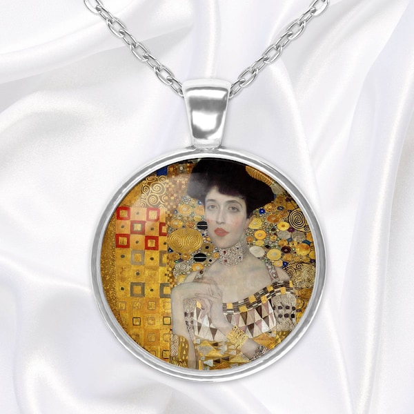 Dame en or, collier pendentif avec célèbre tableau de Gustav Klimt, bijoux cabochon dôme en verre faits main