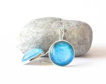 Water Lilies by Monet earrings, blue lever back dangling earrings with art, birthday gift for her