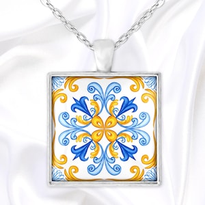 Azulejo tile pendant, blue and yellow square pendant necklace inspired by Portuguese tiles, handmade glass cabochon jewelry