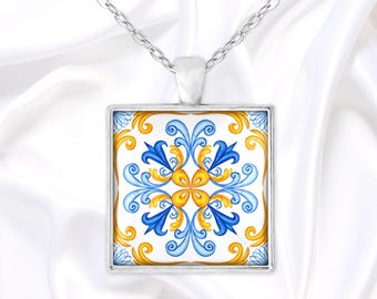 Azulejo tile pendant, blue and yellow square pendant necklace inspired by Portuguese tiles, handmade glass cabochon jewelry