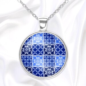 Blue pendant necklace with Mediterranean tile pattern, unique gift for her