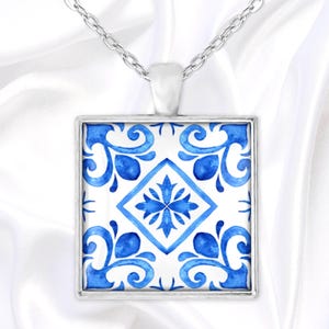 Blue and white square pendant necklace inspired by Portuguese azulejo tiles, handmade glass dome cabochon jewelry
