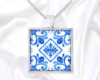 Blue and white square pendant necklace inspired by Portuguese azulejo tiles, handmade glass dome cabochon jewelry