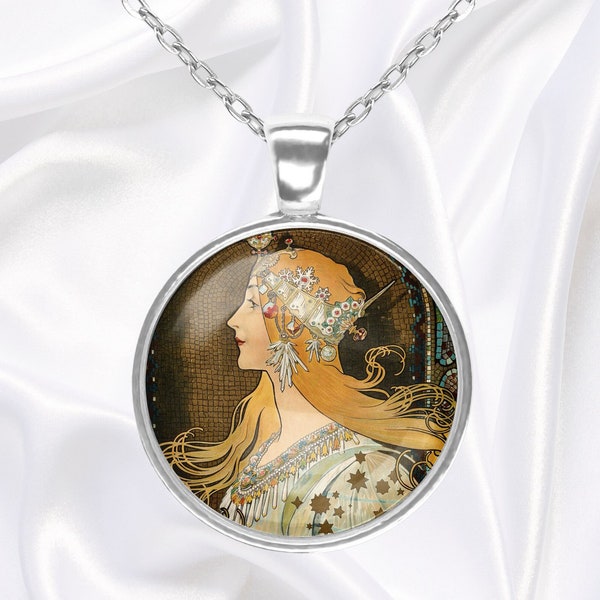 Brown cabochon pendant necklace with Alphonse Mucha painting, Art Nouveau style jewelry, gift for her