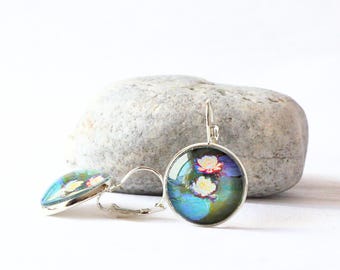 Waterlilies by Monet earrings, handmade green glass dome cabochon earrings with art, gift for her