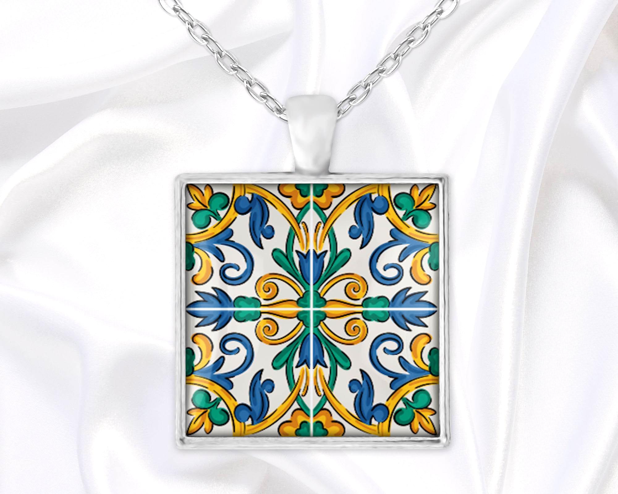 Pendant necklace inspired by Mediterranean ceramic tiles, handmade glass cabochon jewelry