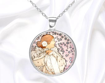 Art Nouveau style pendant necklace with Mucha painting, handmade jewelry