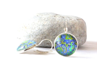 Irises by Van Gogh earrings, handmade lever back dangling earring with art, birthday gift for her