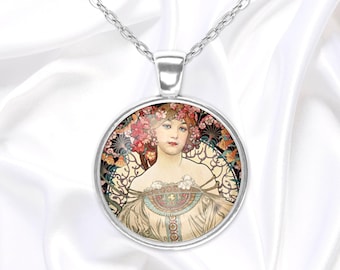 Mucha pendant necklace with Art Nouveau image, handmade wearable art, unique birthday gift for her