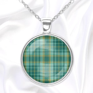 Green Scottish tartan pendant necklace, handmade glass dome cabochon jewelry, plaid jewelry, gift for her