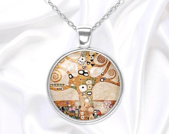 Collar colgante del Árbol de la Vida con la famosa pintura de Gustav Klimt, regalo para los amantes del arte.