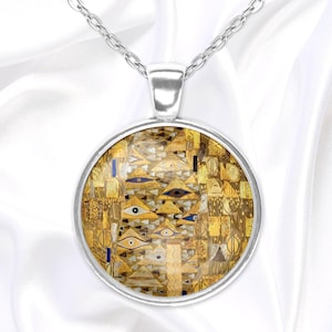 Detail of &#39;Lady in Gold&#39;, pendant necklace with famous painting by Gustav Klimt, handmade art jewelry