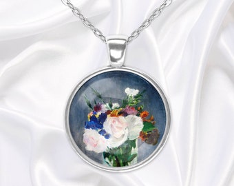 Flower still life pendant necklace with painting by Manet, handmade glass dome cabochon jewelry, gift for her