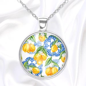 Sicilian lemons pendant necklace, handmade glass cabochon jewelry with Italian tile pattern