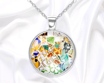 Gaudi mosaic pendant necklace, colorful Barcelona souvenir