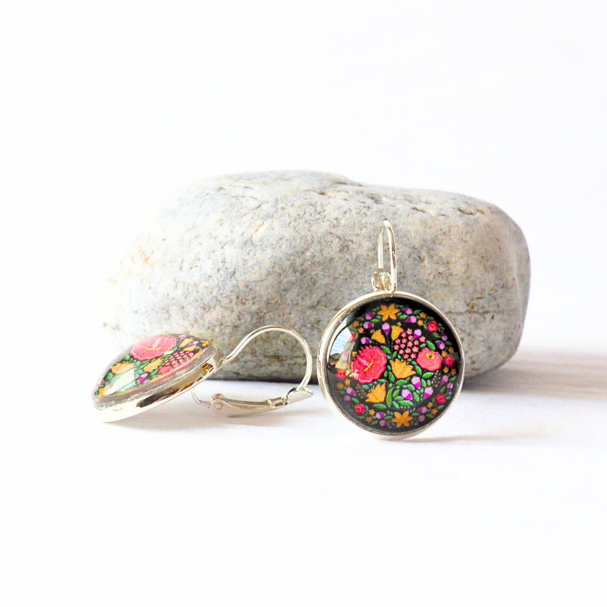 Hungarian folk embroidery pattern earrings, handmade lever back dangle earrings, gift for her