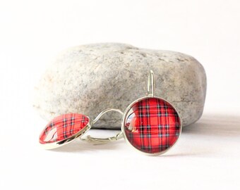 Red Scottish tartan earrings, lever back dangling earrings, unique birthday gift for her