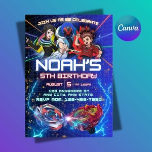 Könnte beinhalten: Eine Geburtstagseinladung mit blauem und lila Hintergrund, mit Cartoon-Charakteren und dem Text "NOAH'S 5TH BIRTHDAY". Die Einladung enthält Veranstaltungsdetails und ein Canva-Logo.
