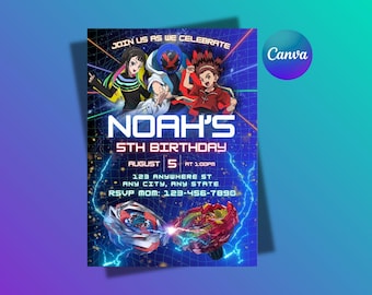 Invitación de cumpleaños de Beyblade, plantilla editable de Canva (descarga digital)