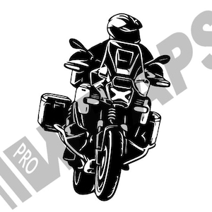 Puede incluir: Ilustración en blanco y negro de una motocicleta con un motociclista con casco. La moto tiene maletas laterales y parabrisas. La imagen tiene las palabras "PRO" y "MAPS" en el fondo.