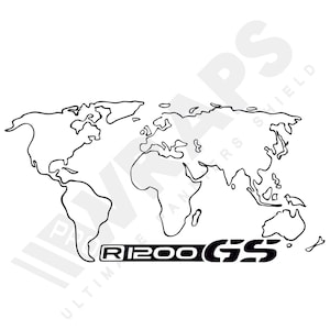May include: A black and white graphic of a world map with the text "R1200GS" at the bottom. The map is a simplified outline of the continents and oceans. The text is in a bold, sans-serif font.