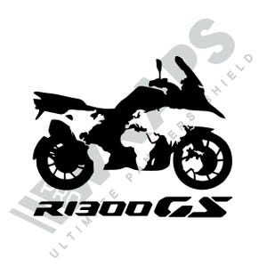 Könnte beinhalten: Schwarz-weiße Silhouette eines Motorrads mit dem Text "R1300 GS" darunter.