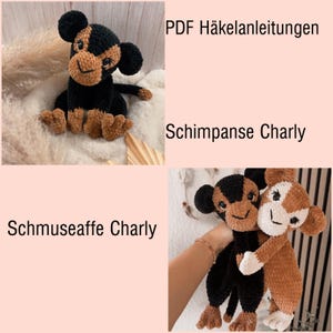 Pode incluir: Dois brinquedos de chimpanzé de crochê, um preto e marrom, o outro marrom e branco. O chimpanzé preto e marrom está sentado em uma superfície bege. O chimpanzé marrom e branco está sendo segurado por uma mão. O texto "PDF Häkelanleitungen" e "Schimpanse Charly" é visível na imagem. O texto "Schmuseaffe Charly" também é visível na imagem.