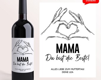 Muttertag Wein Etikett Mama du bist die Beste | Personalisiertes Weinetikett | Muttertagsgeschenk Geschenk für Sie Mutter Mama Wein Etikett