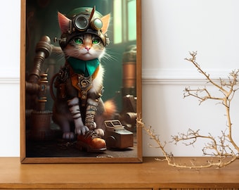 Steampunk kattkonsttryck: Nyckfull Tinker Kitty (digital nedladdning)