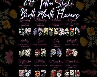 Födelsemånad Blomma Tatueringsstil Clipart: Akvarell Blommor PNG (Digital Nedladdning