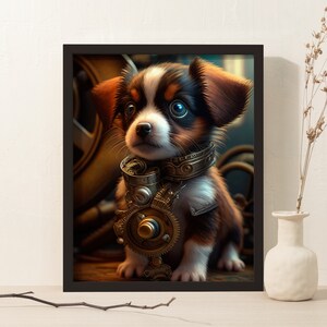 Digital Download of Ingenious Steampunk Engineer Tinker Puppy, Unique Machine-Inspired Canine Art