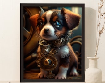 Digital nedladdning av Ingenious Steampunk Engineer Tinker Puppy, unik maskininspirerad hundkonst