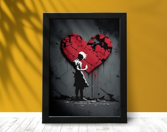 Banksy-stil väggkonsttryck med brustet hjärta (digital nedladdning)