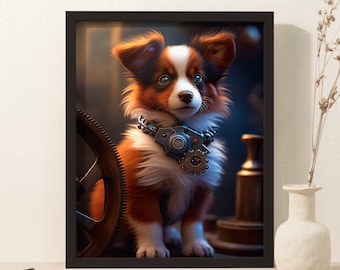 Steampunk-stil ingenjör Tinker valp digital nedladdning, fantasifull hunddesign, omedelbar konsttryck