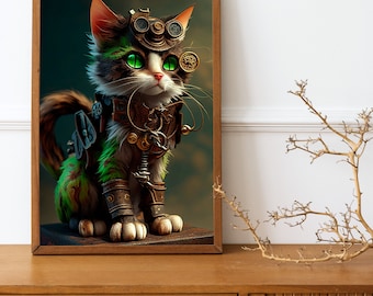 Steampunk kattillustration: Grönögd Tinker Kitty (digital nedladdning)