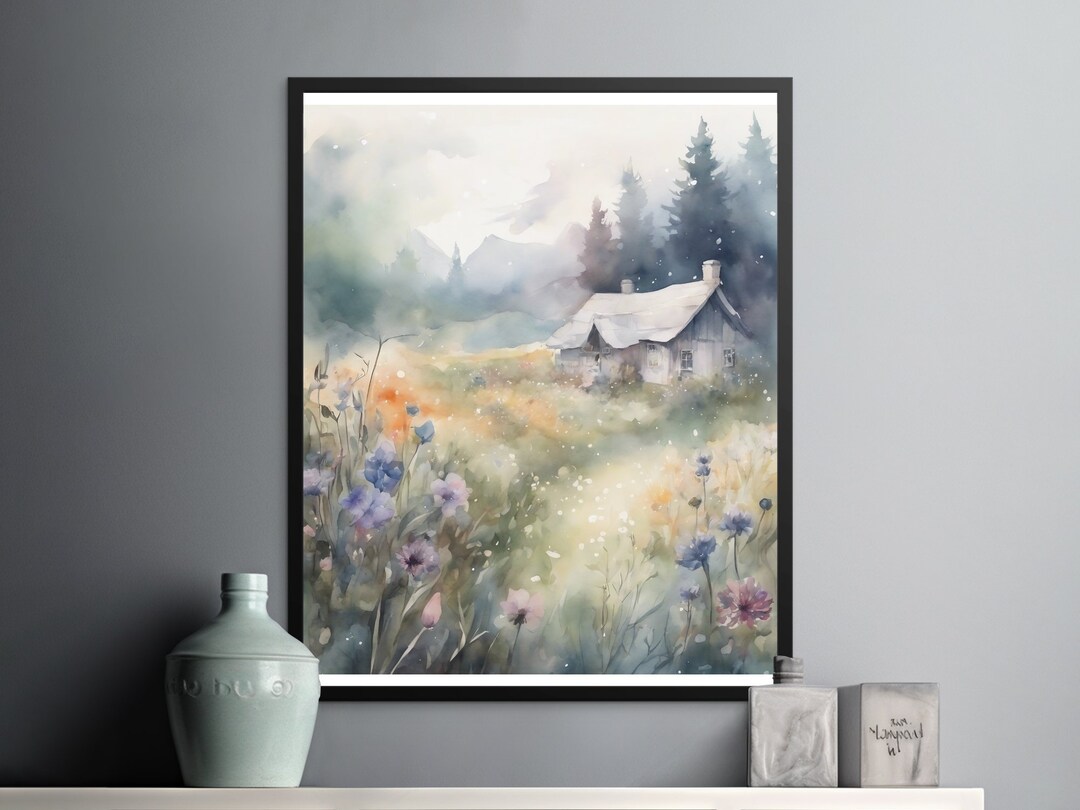 Rustic Cabin Digital Print, Watercolor Landscape, Nature Wall Art ...